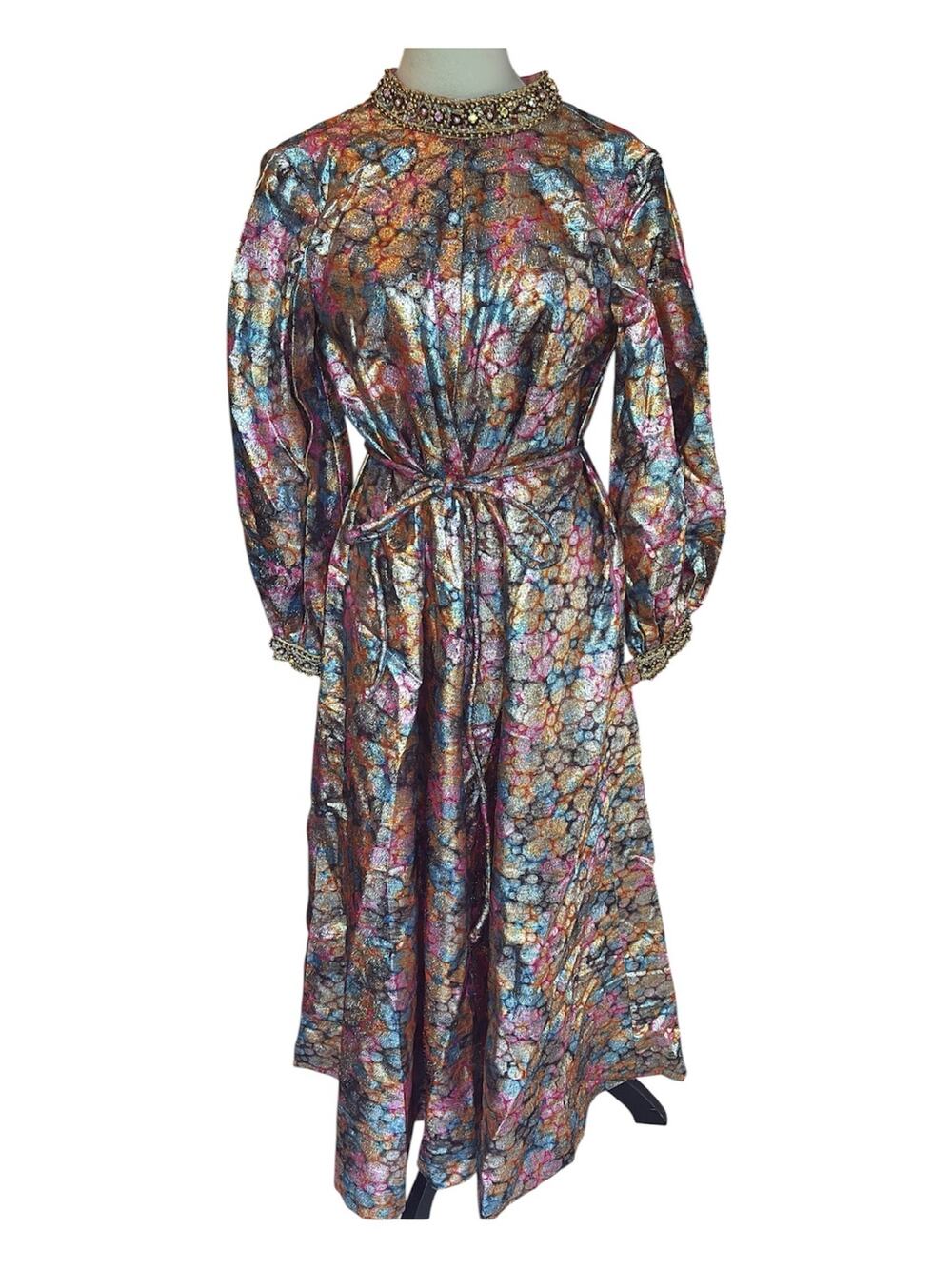 Vintage 1960s Metallic Brocade Beaded Maxi Dress Talon Zipper Mod Glam